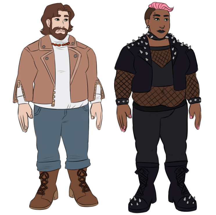 Two plus-sized adoptables with the same base. On the left is a light-skinned man with shoulder-length brown hair and a beard. He's wearing a light brown jacket, open to show a white turtleneck underneath. He's wearing a red beaded necklace, blue jeans, and brown work boots. On the right is a medium-skinned woman with short pink hair that's shaved on the sides. She has eyebrow septum and lobe piercings, and a necklace with silver spikes. She's wearing punk clothes, with a cropped studded jacket over a mesh shirt, bracelets, black pants, and boots with spikes on the toes. Her fingernails are pink, and she's wearing black lipstick.