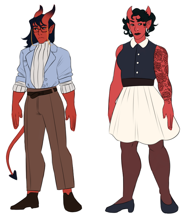 Two demons with bright red skin with the same base. The one on the left has horns that curve backwards, with a black gradient on the tips. Their hair is long and black. They are wearing a light blue jacket, open, showing a pleated white turtleneck with the sleeves rolled up to the elbows. They are wearing pleated brown pants and plain brown shoes. They have a visible demon-style tail with a black tip. They're wearing a pair of black glasses with a golden cord. The one on the right has shorter horns, and curly black hair. They have a nostril piercing, hoop earrings, and black lipstick. Their shirt is blue and sleeveless with a white peter pan collar and buttons, and their skirt is knee-length, white, and pleated. They have black shoes with slight heels, dark tights, and floral tattoos down their left arm.