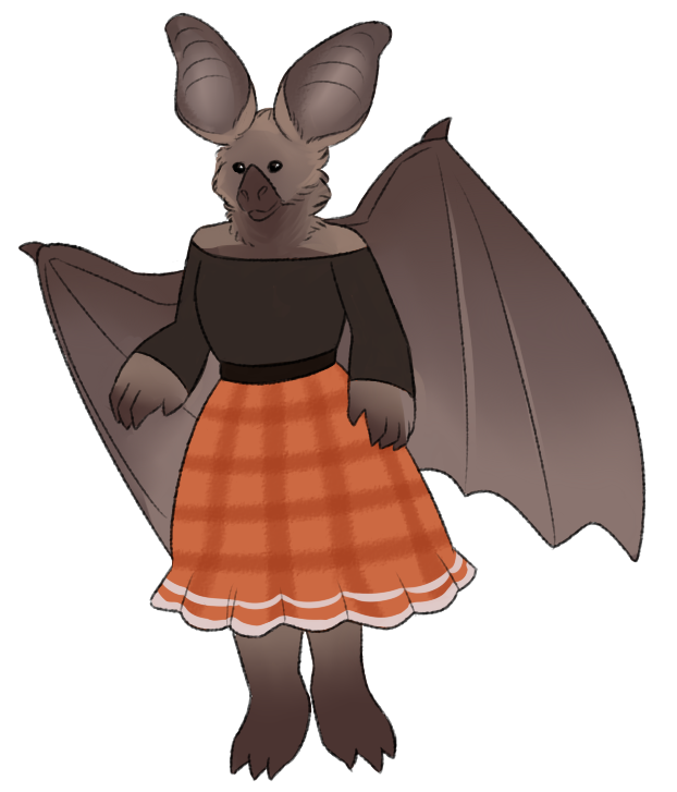 An anthro bat with mousy brown fur. She has an off-the-shoulders dark gray shirt, a dark belt, and an orange plaid skirt with white stripes at the hem.