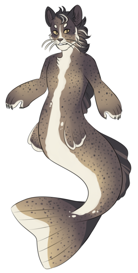 A catfish 'mermaid', but the human part is an anthro cat, colored to look like a catfish. They have fluffy, striped hair on their head and down the back of their neck.