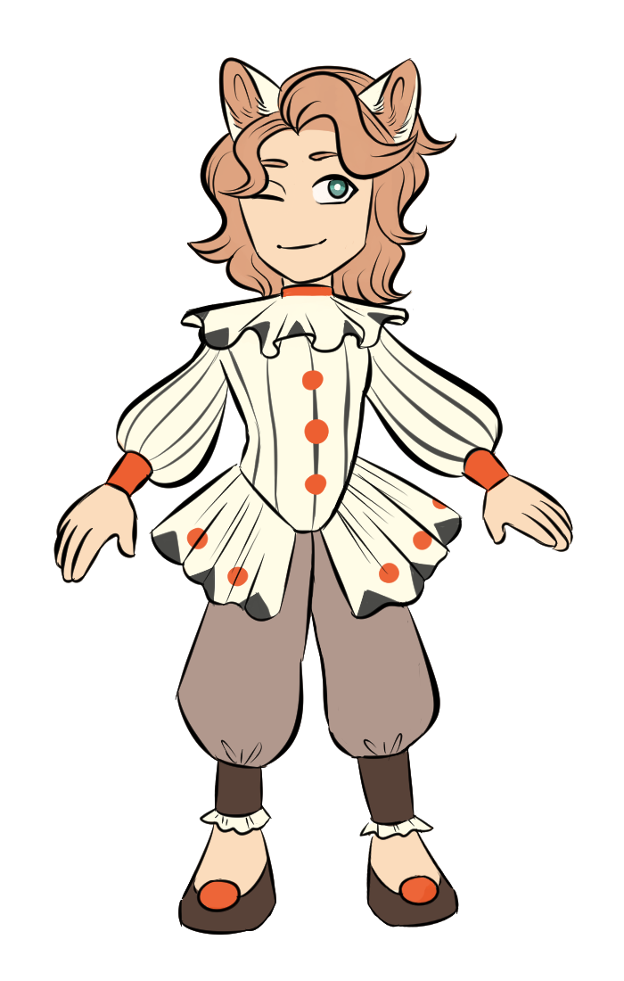 A light-skinned chibi catperson with wavy peach-colored hair who is winking. They're wearing a white, gray, and orange jester outfit, with stripes, puffy sleeves, and a large ruffled collar. Their shoes are brown flats with orange balls on the toe.