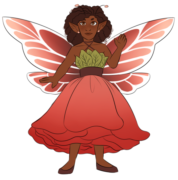 A dark-skinned chibi fairy waving at the camera. She's wearing a dress that looks like an upside-down rose, with a top resembling leaves and the skirt looking like petals. She has pink and white wings, and pink antennae on her head. She has natural-textured dark brown hair, and circular eyebrows. Her ears are pointed and she's wearing small pink earrings.