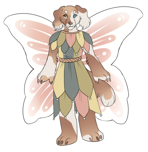 An anthro dog with fairy wings. The dog's fur is light brown with white paint markings, and eyes with heterochromia. They're wearing a dress with pastel green, blue, and pink segments with small white balls at the ends. Their butterfly wings are large and light pink with white markings.