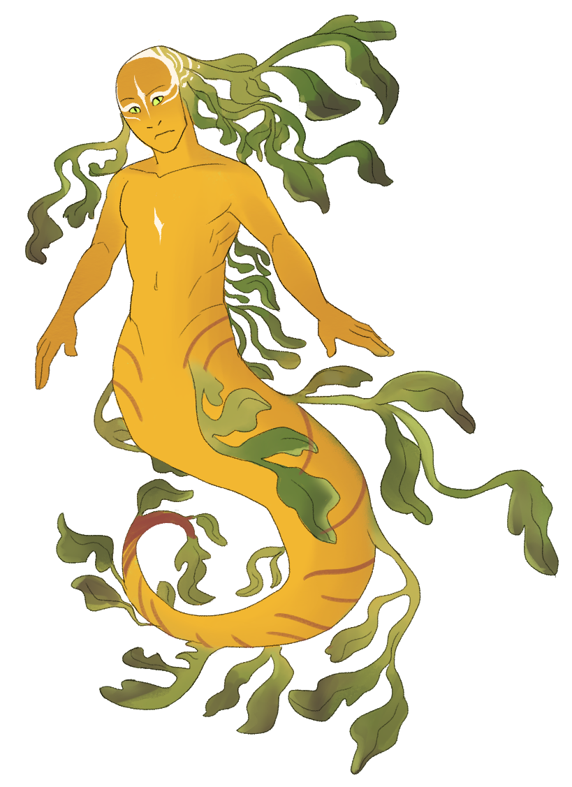 A merperson based on a leafy sea dragon. They're yellow with a few orange stripes, and white markings on their chest and head. They have leaflike protrusions on the back of their head and along their body.