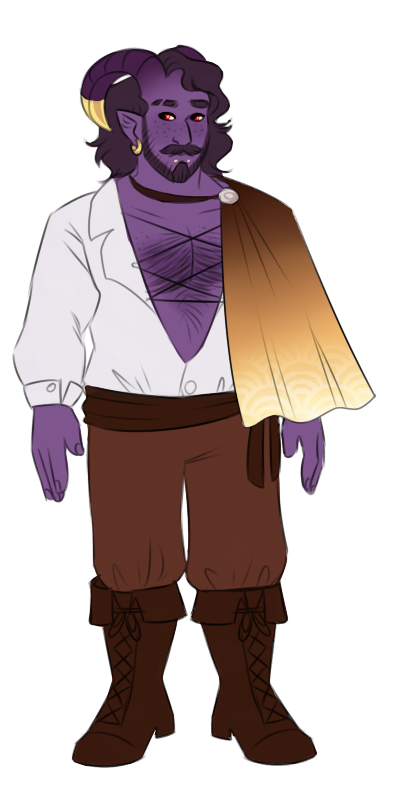 A purple tiefling with shoulder-length, wavy dark purple hair and a beard. He has dark, curved horns with golden caps on the ends. He has an open collared white shirt, and over his left shoulder is a cloak going from dark brown to gold with faint white patterns on the end. He has brown pants, a darker brown sash on his waist and boots. He has gold snakebite piercings and hoop earrings, and bright red eyes.