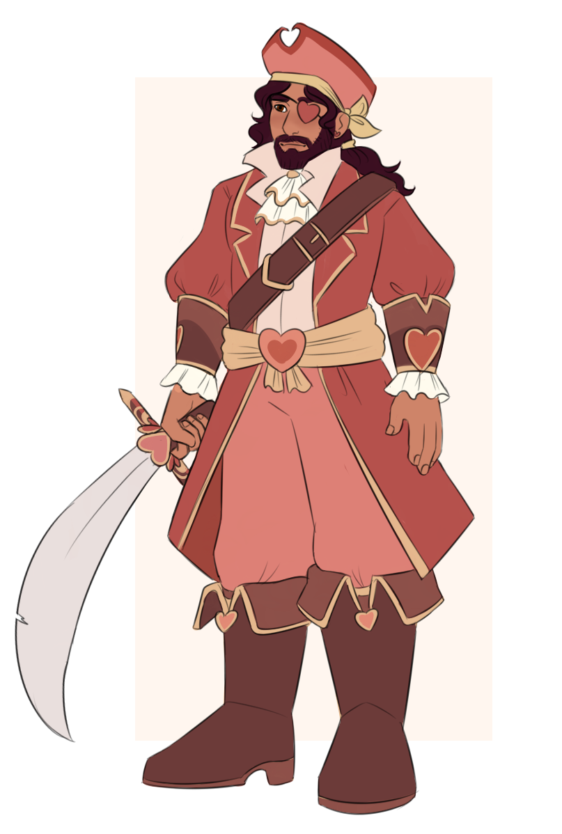 A somewhat tan-skinned pirate themed on valentine's. He's wearing a pink pirate outfit with heart motifs and yellow and white accents, and a pink eyepatch on his left eye. His hair is a purplish brown, long and pulled back in a ponytail, and he has a bear. He's holding a curved saber with a heart on the hilt. 