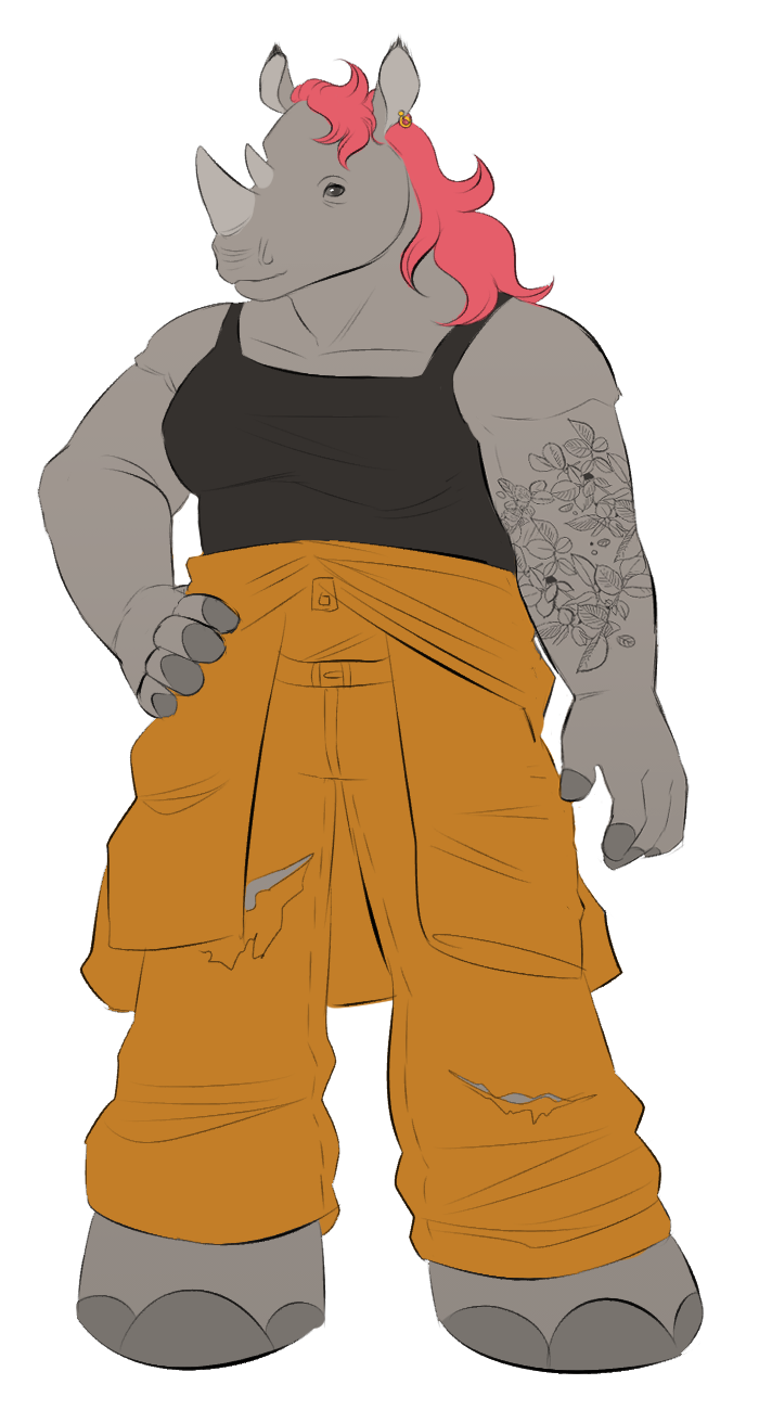 A gray anthro rhino. She's wearing an orange jumpsuit with tears in the knees, with the upper part hanging down around her waist, showing the black tanktop underneath. She has long, wavy bright pink hair, and a single gold hoop in her left ear. She has floral tattoos down her left arm.