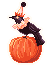 pixel crow in clown outfit perched on pumpkin